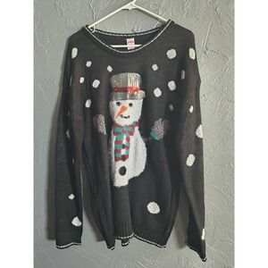Holiday Time Christmas Snowman Sweater XL Black Lined in White 3D‎ Sequin Hat